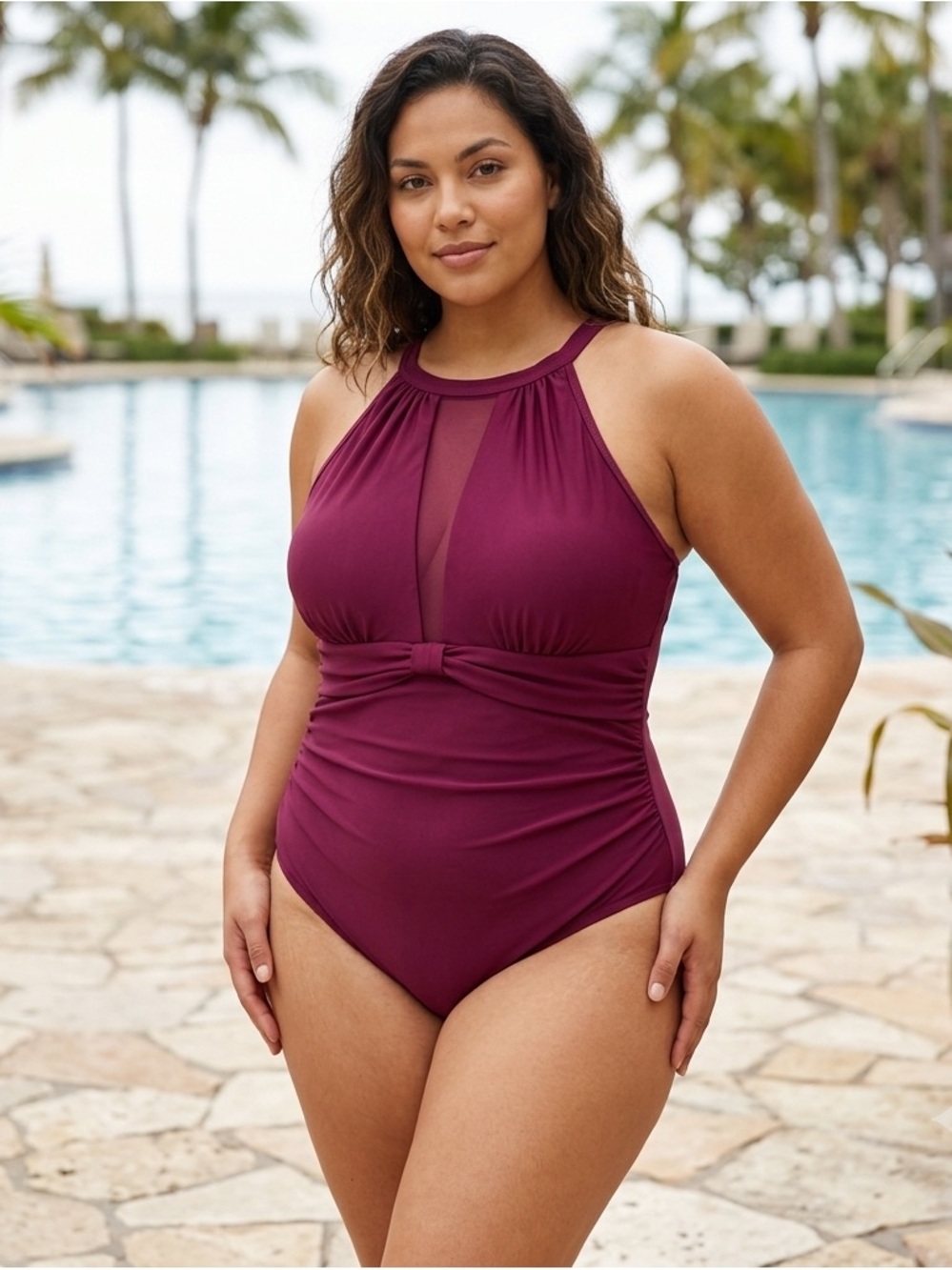 Tempt Me High Neck 1 Piece Swimsuit Burgundy Mesh Plunge Rushed 18W Modest Sexy